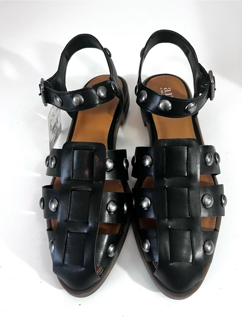 A.N.A. Black Studded Faux Leather Slingback Fisherman Sandals Flat Heel Women 7M